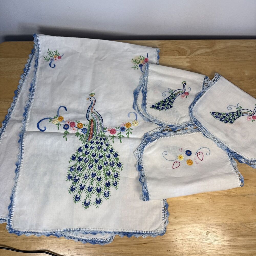 VTG Embroidered White Dresser Scarf Table Peacock Bird Flowers 39x14 Set Of 4